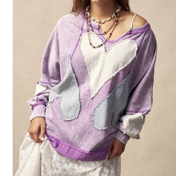 Mineral Wash Notched Neck Heart Patch Reverse Stitch Long Sleeve Top - Picture 1 of 6